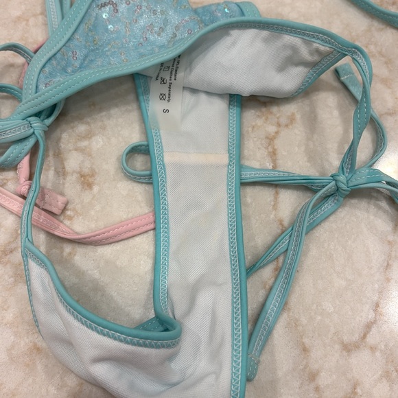 Aqua Blue Sequin String Bikini Set plus Extra String Bikini Top Bundle - Picture 7 of 7